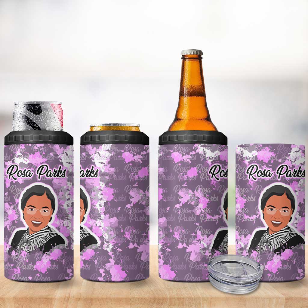 Rosa Parks 4 in 1 Can Cooler Tumbler Purple Floral Pattern Civil Rights Tribute Bold Name Repeated Text Design - Wonder Print Shop