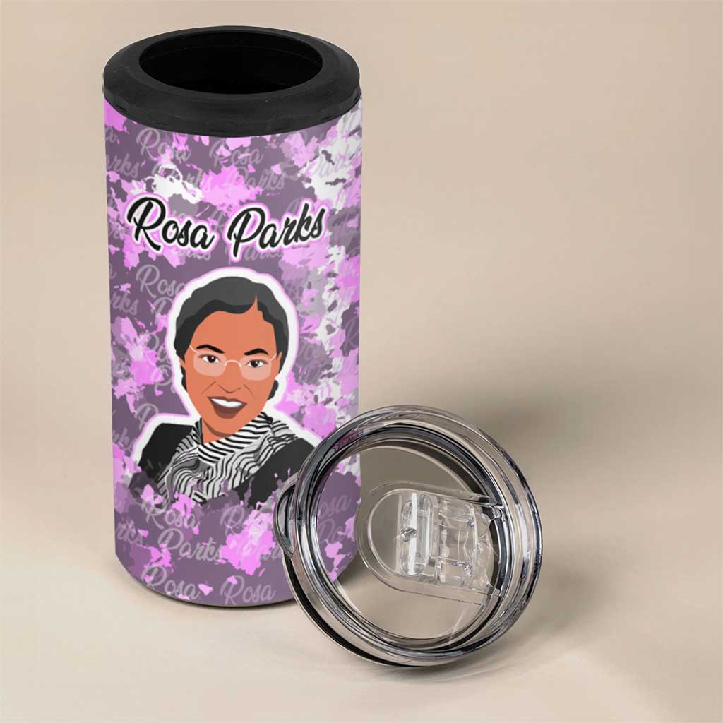 Rosa Parks 4 in 1 Can Cooler Tumbler Purple Floral Pattern Civil Rights Tribute Bold Name Repeated Text Design - Wonder Print Shop