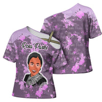 Rosa Parks Cross Shoulder Shirt Purple Floral Pattern Civil Rights Tribute Bold Name Repeated Text Design - Wonder Print Shop
