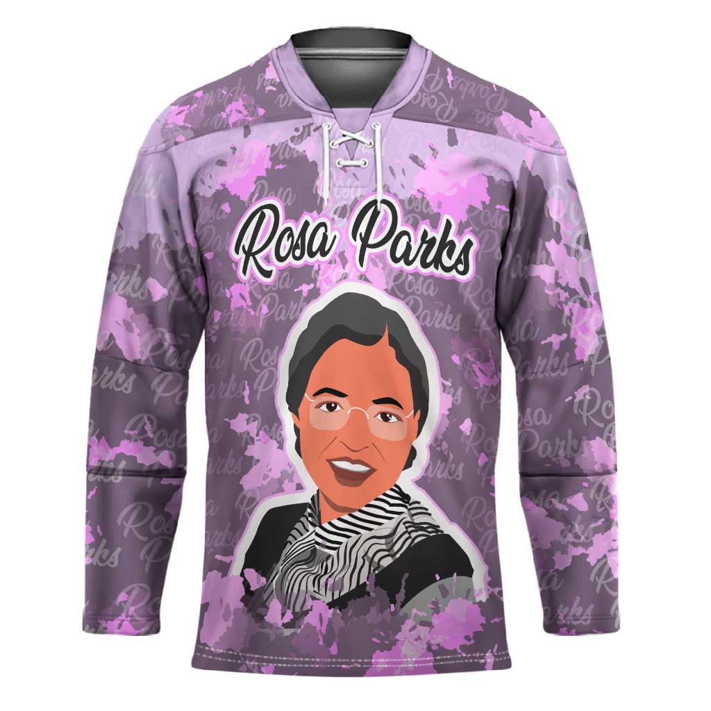 Rosa Parks Hockey Jersey Purple Floral Pattern Civil Rights Tribute Bold Name Repeated Text Design - Wonder Print Shop