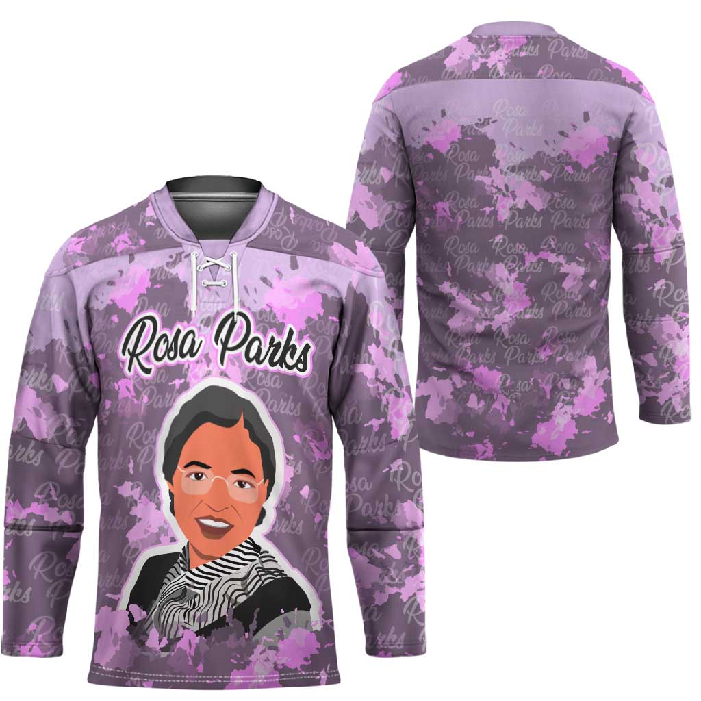 Rosa Parks Hockey Jersey Purple Floral Pattern Civil Rights Tribute Bold Name Repeated Text Design - Wonder Print Shop