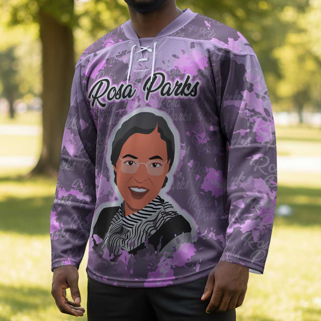 Rosa Parks Hockey Jersey Purple Floral Pattern Civil Rights Tribute Bold Name Repeated Text Design - Wonder Print Shop