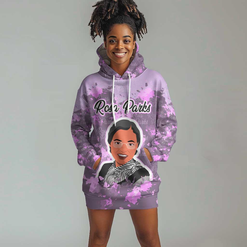 Rosa Parks Hoodie Dress Purple Floral Pattern Civil Rights Tribute Bold Name Repeated Text Design - Wonder Print Shop