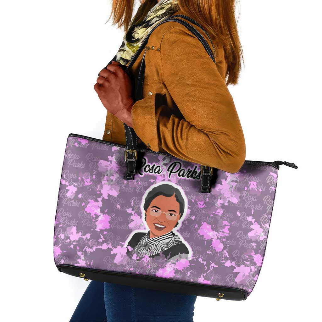 Rosa Parks Leather Tote Bag Purple Floral Pattern Civil Rights Tribute Bold Name Repeated Text Design - Wonder Print Shop