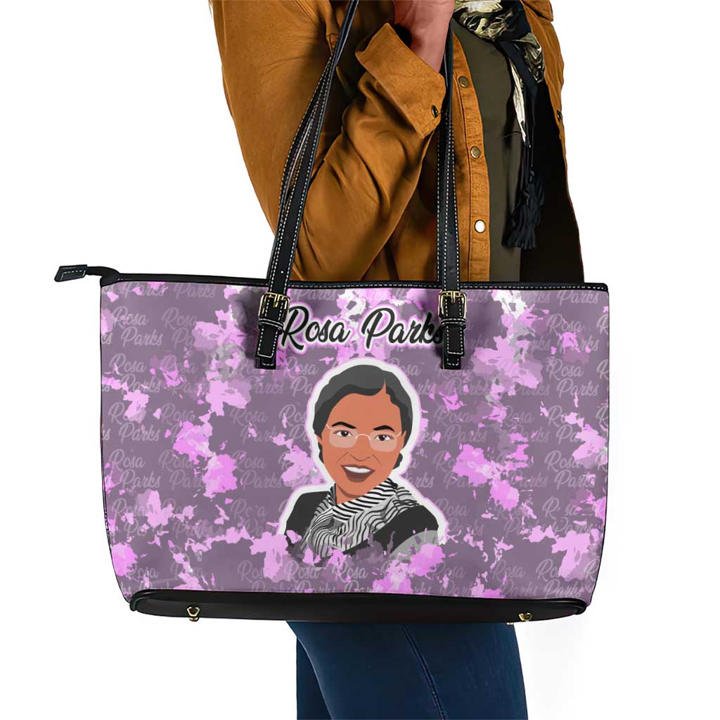 Rosa Parks Leather Tote Bag Purple Floral Pattern Civil Rights Tribute Bold Name Repeated Text Design - Wonder Print Shop