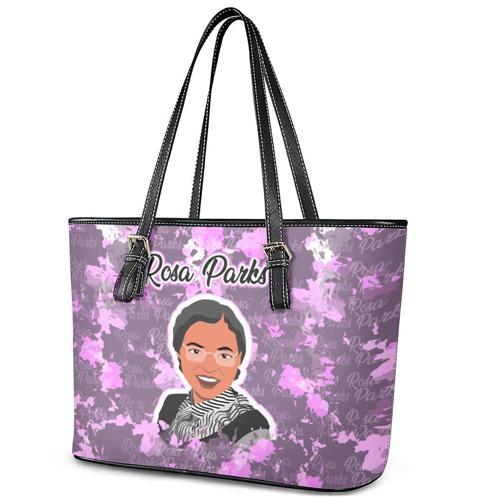 Rosa Parks Leather Tote Bag Purple Floral Pattern Civil Rights Tribute Bold Name Repeated Text Design - Wonder Print Shop