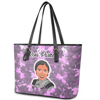 Rosa Parks Leather Tote Bag Purple Floral Pattern Civil Rights Tribute Bold Name Repeated Text Design - Wonder Print Shop