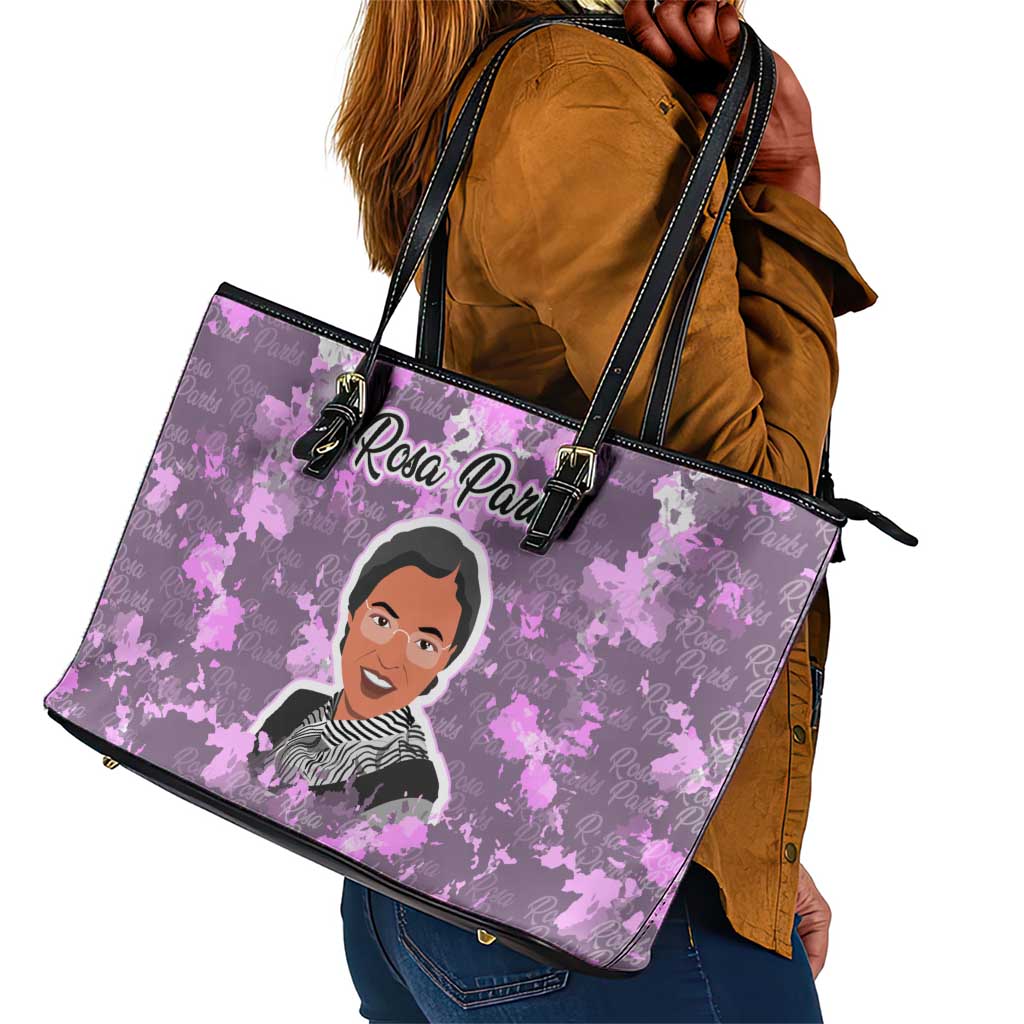 Rosa Parks Leather Tote Bag Purple Floral Pattern Civil Rights Tribute Bold Name Repeated Text Design - Wonder Print Shop