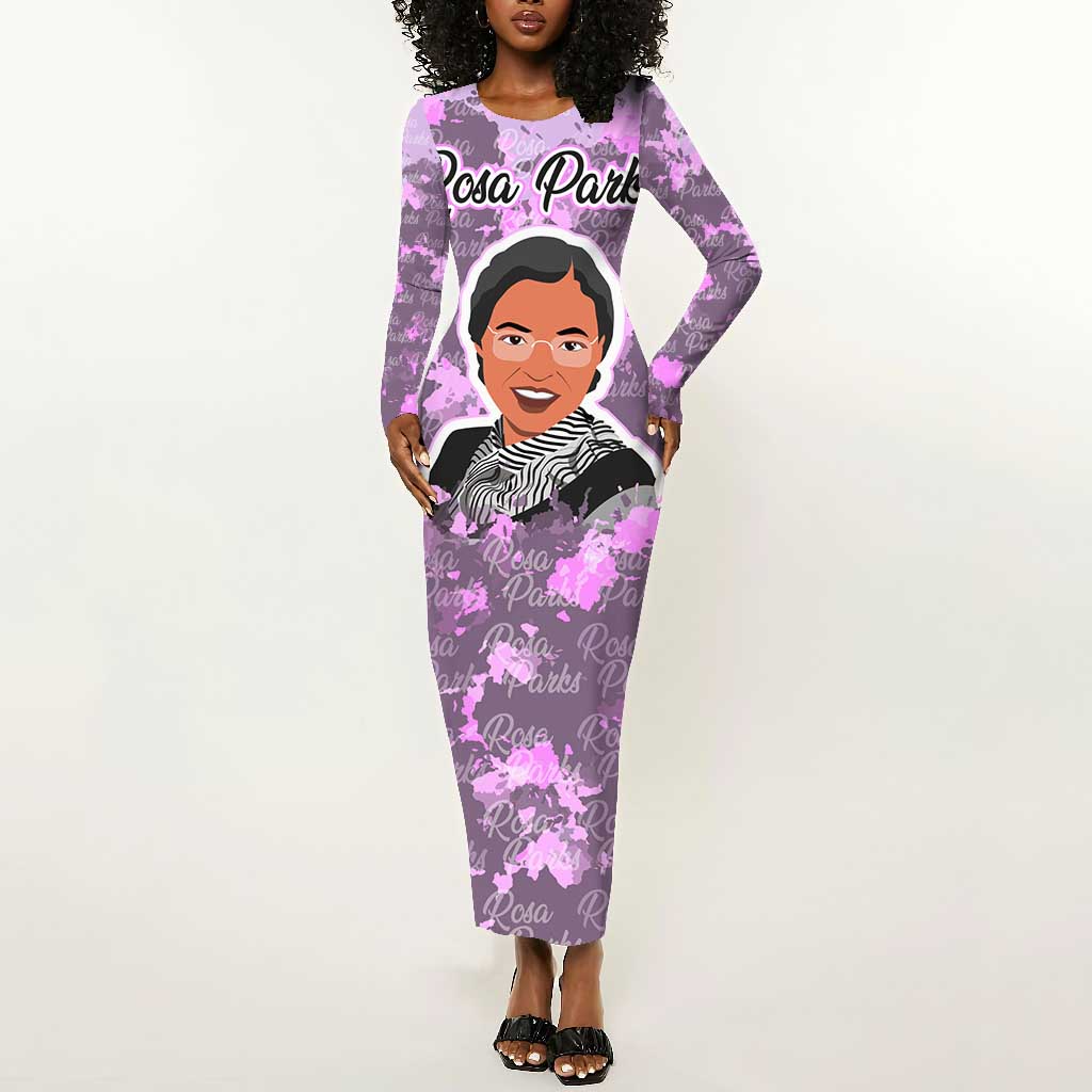 Rosa Parks Long Sleeve Bodycon Dress Purple Floral Pattern Civil Rights Tribute Bold Name Repeated Text Design - Wonder Print Shop