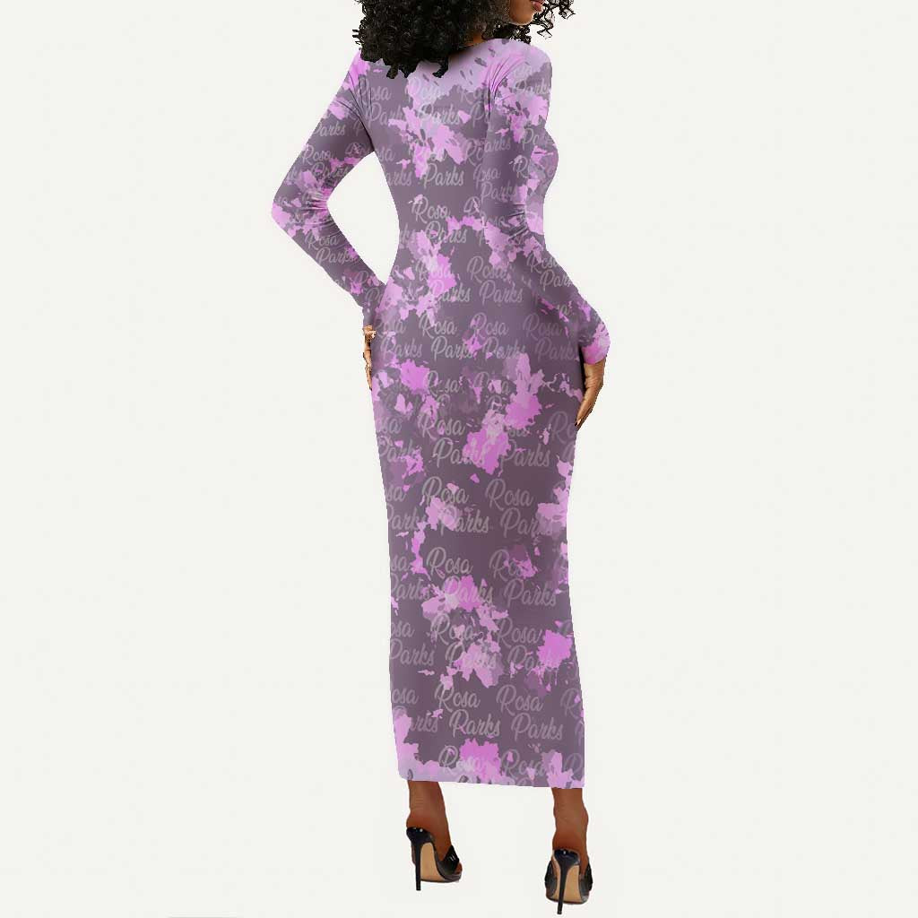 Rosa Parks Long Sleeve Bodycon Dress Purple Floral Pattern Civil Rights Tribute Bold Name Repeated Text Design - Wonder Print Shop