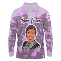 Rosa Parks Long Sleeve Polo Shirt Purple Floral Pattern Civil Rights Tribute Bold Name Repeated Text Design - Wonder Print Shop