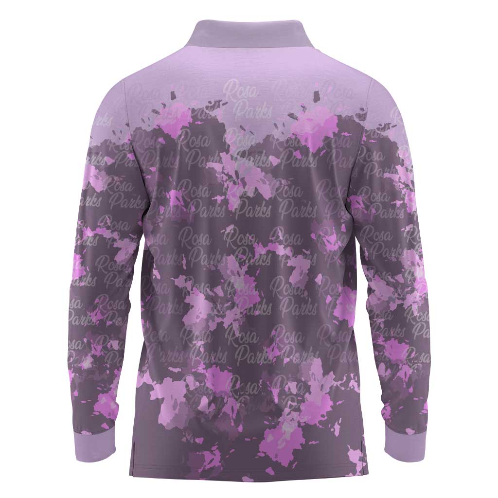 Rosa Parks Long Sleeve Polo Shirt Purple Floral Pattern Civil Rights Tribute Bold Name Repeated Text Design - Wonder Print Shop