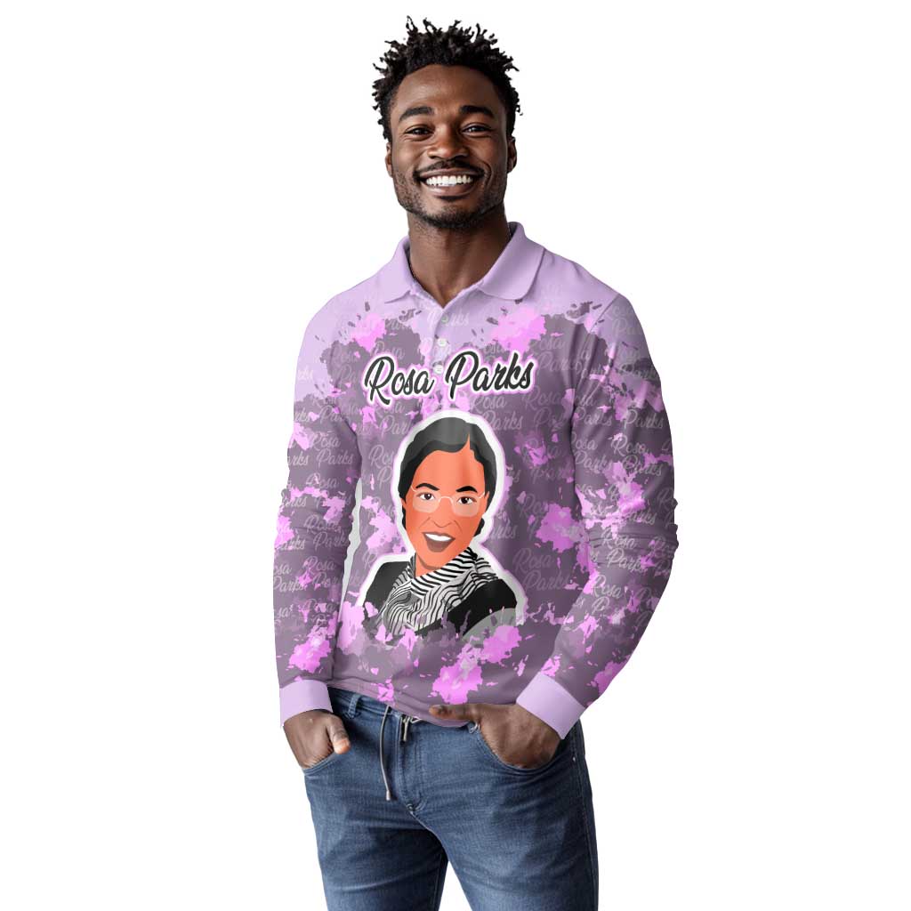 Rosa Parks Long Sleeve Polo Shirt Purple Floral Pattern Civil Rights Tribute Bold Name Repeated Text Design - Wonder Print Shop