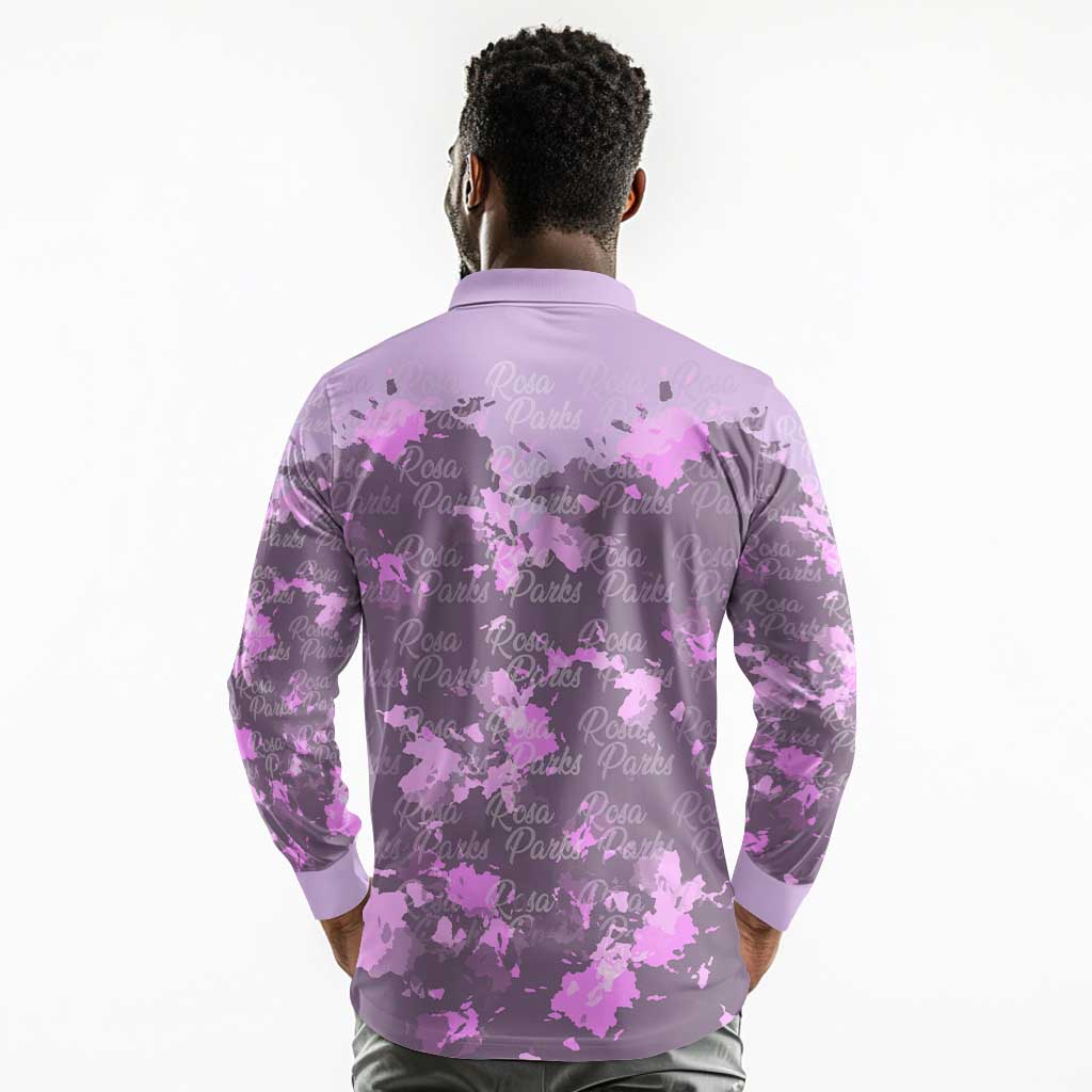 Rosa Parks Long Sleeve Polo Shirt Purple Floral Pattern Civil Rights Tribute Bold Name Repeated Text Design - Wonder Print Shop