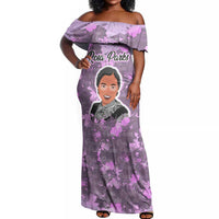 Rosa Parks Off Shoulder Maxi Dress Purple Floral Pattern Civil Rights Tribute Bold Name Repeated Text Design - Wonder Print Shop