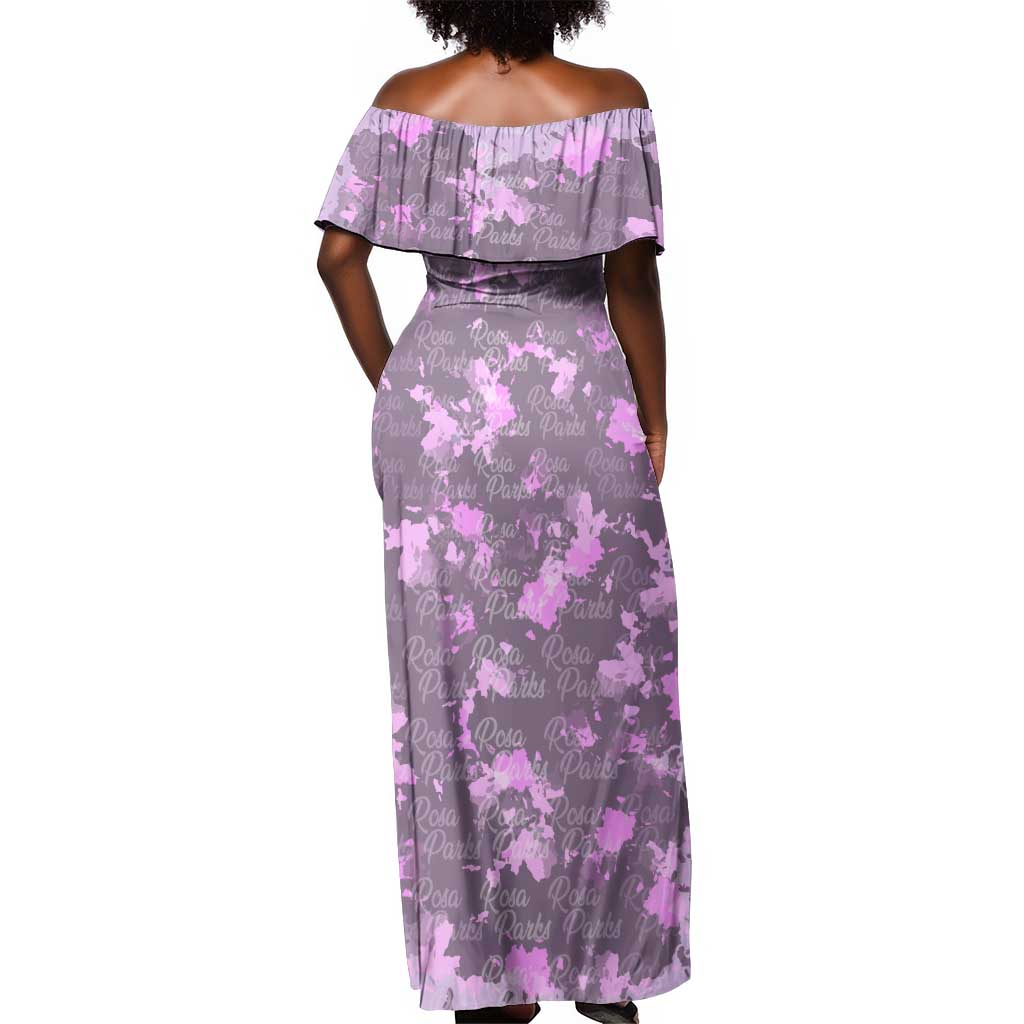 Rosa Parks Off Shoulder Maxi Dress Purple Floral Pattern Civil Rights Tribute Bold Name Repeated Text Design - Wonder Print Shop