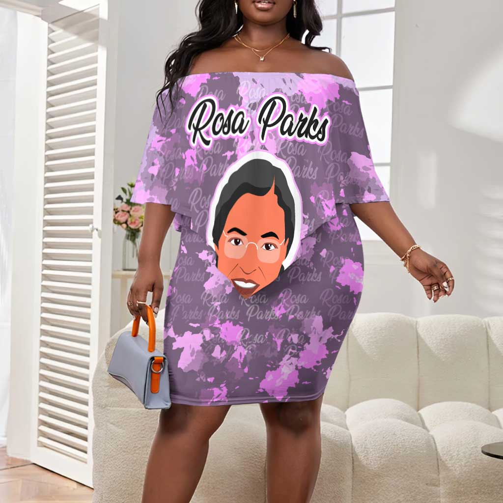 Rosa Parks Off Shoulder Short Dress Purple Floral Pattern Civil Rights Tribute Bold Name Repeated Text Design - Wonder Print Shop