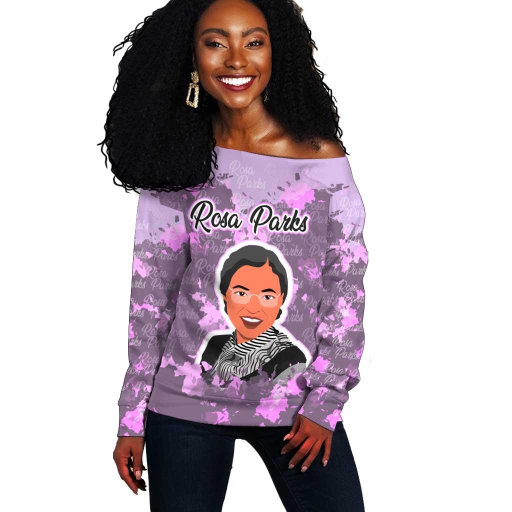 Rosa Parks Off Shoulder Sweater Purple Floral Pattern Civil Rights Tribute Bold Name Repeated Text Design - Wonder Print Shop