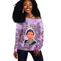 Rosa Parks Off Shoulder Sweater Purple Floral Pattern Civil Rights Tribute Bold Name Repeated Text Design - Wonder Print Shop