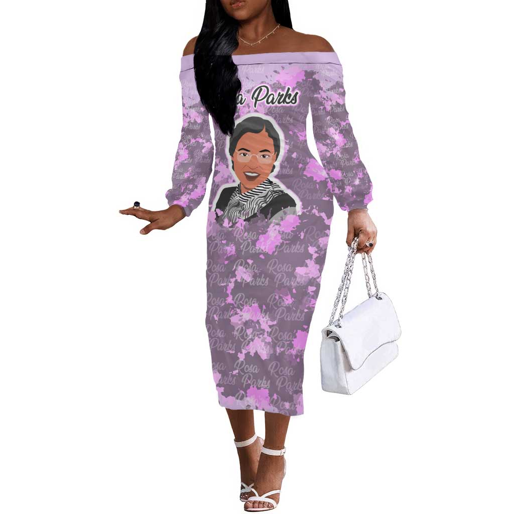 Rosa Parks Off The Shoulder Long Sleeve Dress Purple Floral Pattern Civil Rights Tribute Bold Name Repeated Text Design - Wonder Print Shop