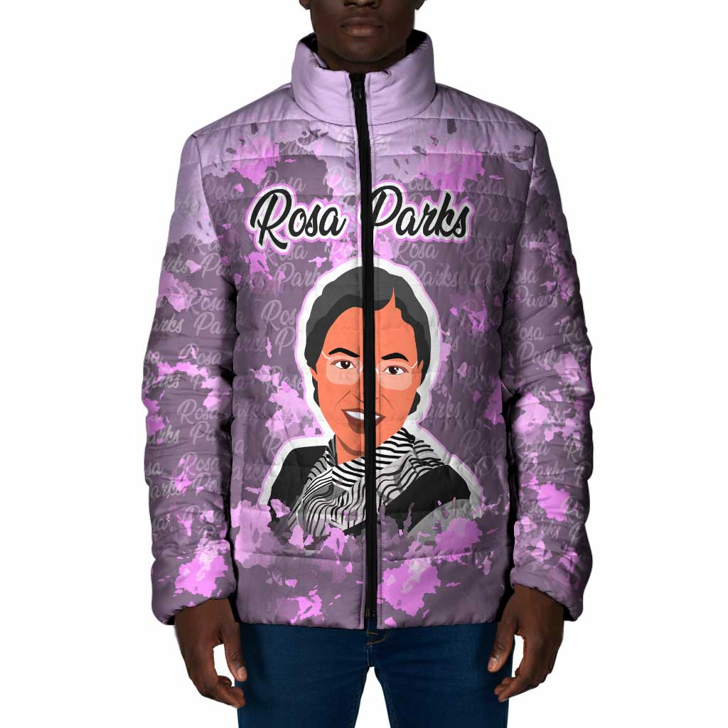 Rosa Parks Padded Jacket Purple Floral Pattern Civil Rights Tribute Bold Name Repeated Text Design - Wonder Print Shop