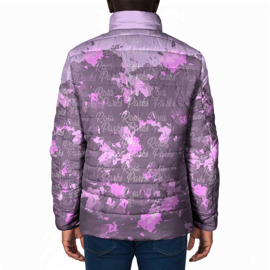 Rosa Parks Padded Jacket Purple Floral Pattern Civil Rights Tribute Bold Name Repeated Text Design - Wonder Print Shop