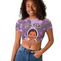 Rosa Parks Raglan Cropped T shirt Purple Floral Pattern Civil Rights Tribute Bold Name Repeated Text Design TS04
