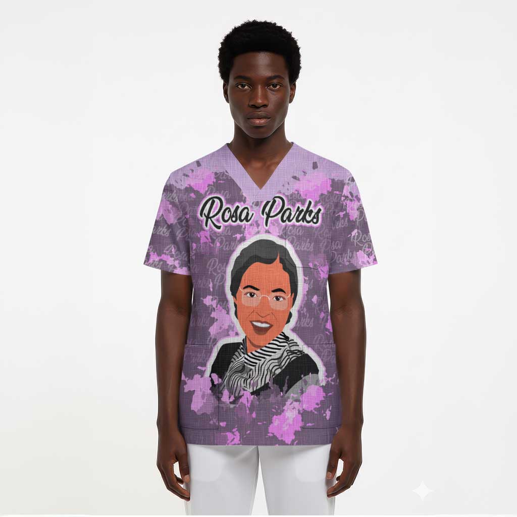 Rosa Parks Scrub Top Purple Floral Pattern Civil Rights Tribute Bold Name Repeated Text Design - Wonder Print Shop