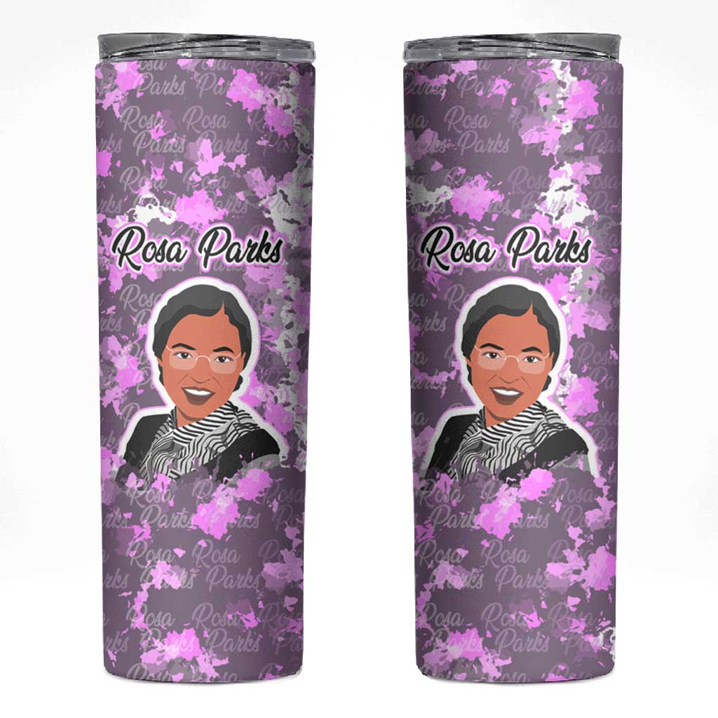 Rosa Parks Skinny Tumbler Purple Floral Pattern Civil Rights Tribute Bold Name Repeated Text Design - Wonder Print Shop