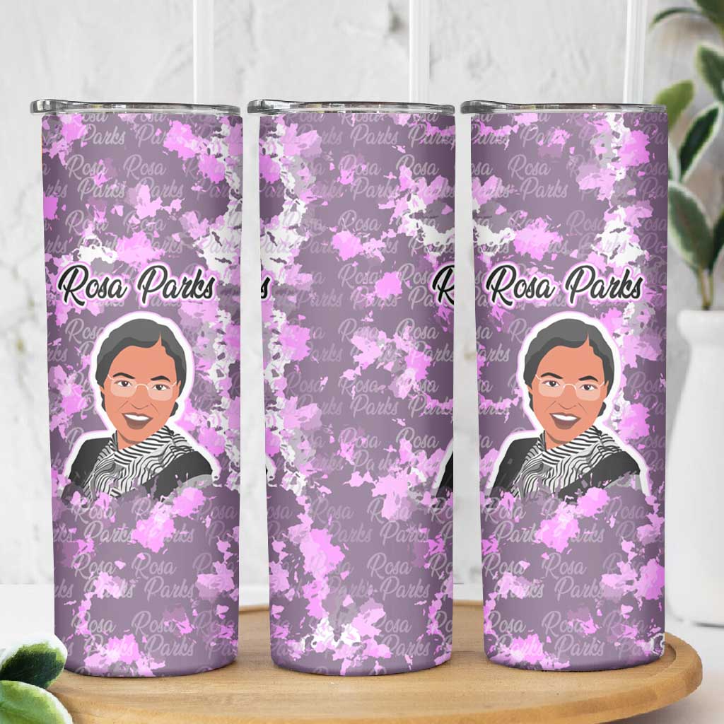 Rosa Parks Skinny Tumbler Purple Floral Pattern Civil Rights Tribute Bold Name Repeated Text Design - Wonder Print Shop