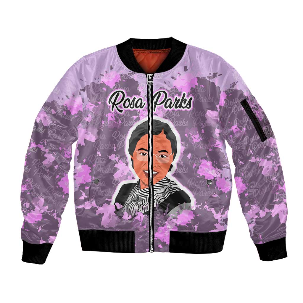 Rosa Parks Sleeve Zip Bomber Jacket Purple Floral Pattern Civil Rights Tribute Bold Name Repeated Text Design - Wonder Print Shop