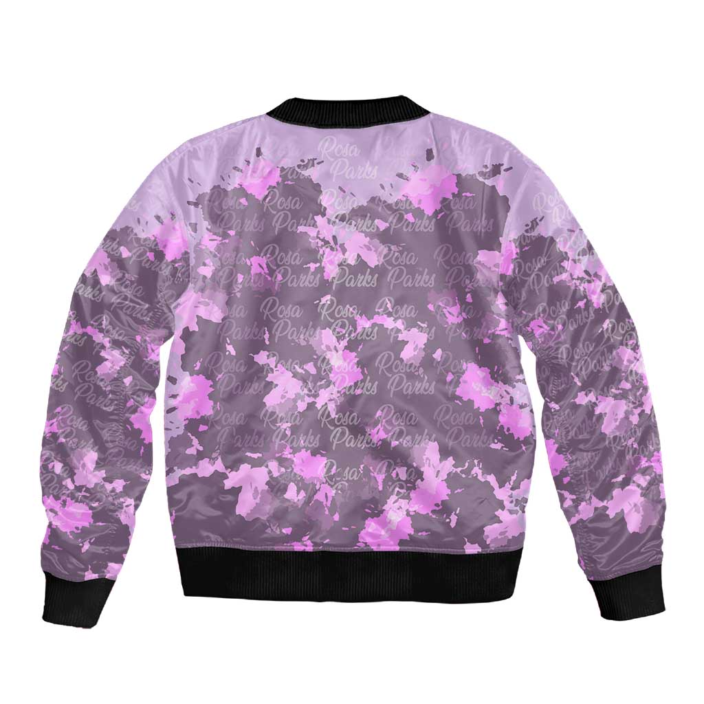 Rosa Parks Sleeve Zip Bomber Jacket Purple Floral Pattern Civil Rights Tribute Bold Name Repeated Text Design - Wonder Print Shop