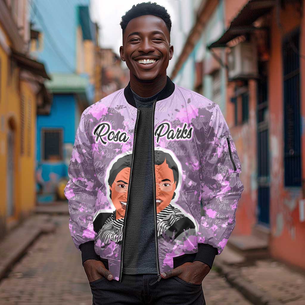 Rosa Parks Sleeve Zip Bomber Jacket Purple Floral Pattern Civil Rights Tribute Bold Name Repeated Text Design - Wonder Print Shop