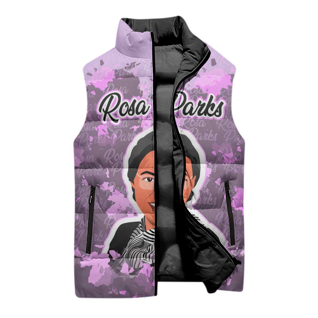 Rosa Parks Sleeveless Puffer Jacket Purple Floral Pattern Civil Rights Tribute Bold Name Repeated Text Design - Wonder Print Shop