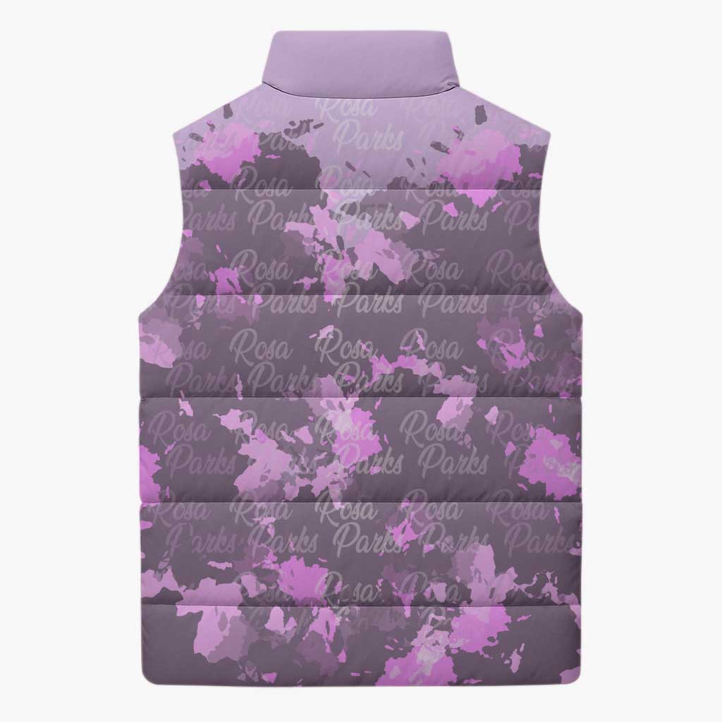 Rosa Parks Sleeveless Puffer Jacket Purple Floral Pattern Civil Rights Tribute Bold Name Repeated Text Design - Wonder Print Shop