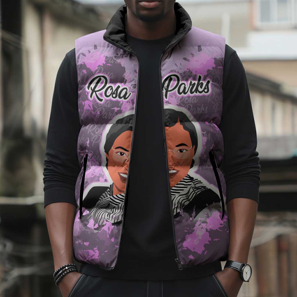 Rosa Parks Sleeveless Puffer Jacket Purple Floral Pattern Civil Rights Tribute Bold Name Repeated Text Design - Wonder Print Shop