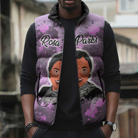 Rosa Parks Sleeveless Puffer Jacket Purple Floral Pattern Civil Rights Tribute Bold Name Repeated Text Design - Wonder Print Shop