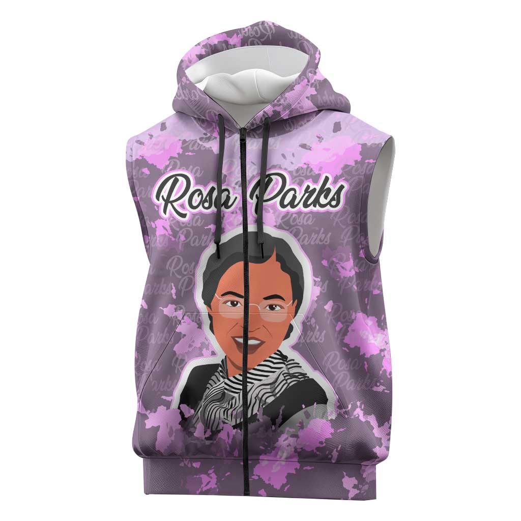 Rosa Parks Sleeveless Zip Hoodie Purple Floral Pattern Civil Rights Tribute Bold Name Repeated Text Design - Wonder Print Shop