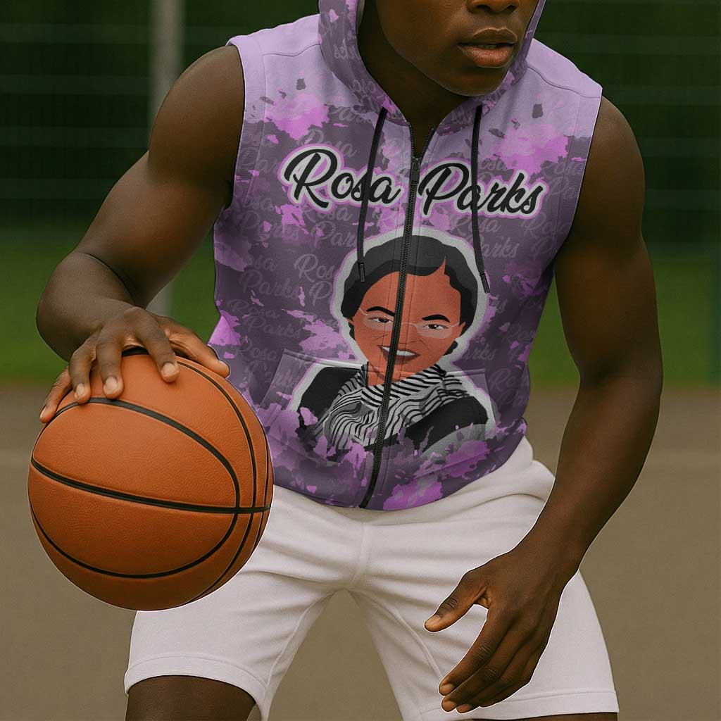 Rosa Parks Sleeveless Zip Hoodie Purple Floral Pattern Civil Rights Tribute Bold Name Repeated Text Design - Wonder Print Shop