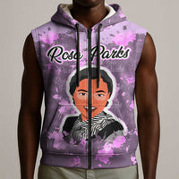 Rosa Parks Sleeveless Zip Hoodie Purple Floral Pattern Civil Rights Tribute Bold Name Repeated Text Design - Wonder Print Shop