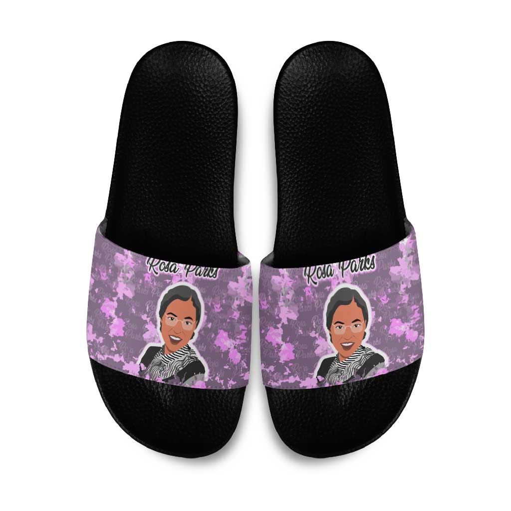 Rosa Parks Slide Sandals Purple Floral Pattern Civil Rights Tribute Bold Name Repeated Text Design - Wonder Print Shop