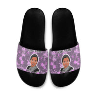 Rosa Parks Slide Sandals Purple Floral Pattern Civil Rights Tribute Bold Name Repeated Text Design - Wonder Print Shop