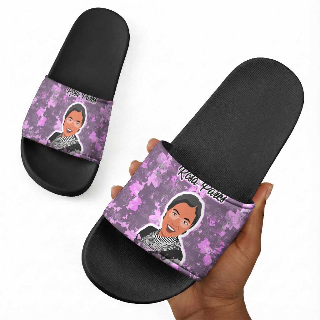 Rosa Parks Slide Sandals Purple Floral Pattern Civil Rights Tribute Bold Name Repeated Text Design - Wonder Print Shop
