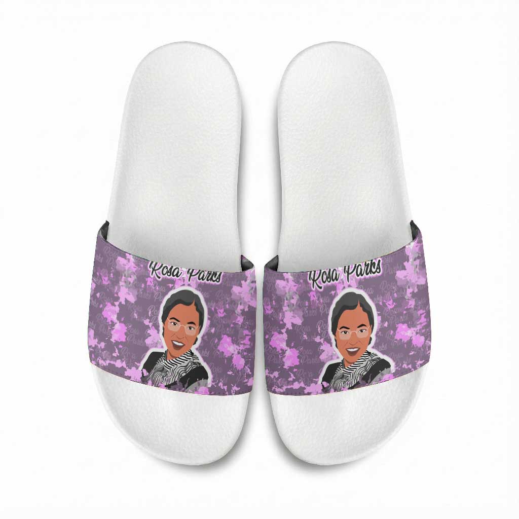 Rosa Parks Slide Sandals Purple Floral Pattern Civil Rights Tribute Bold Name Repeated Text Design - Wonder Print Shop