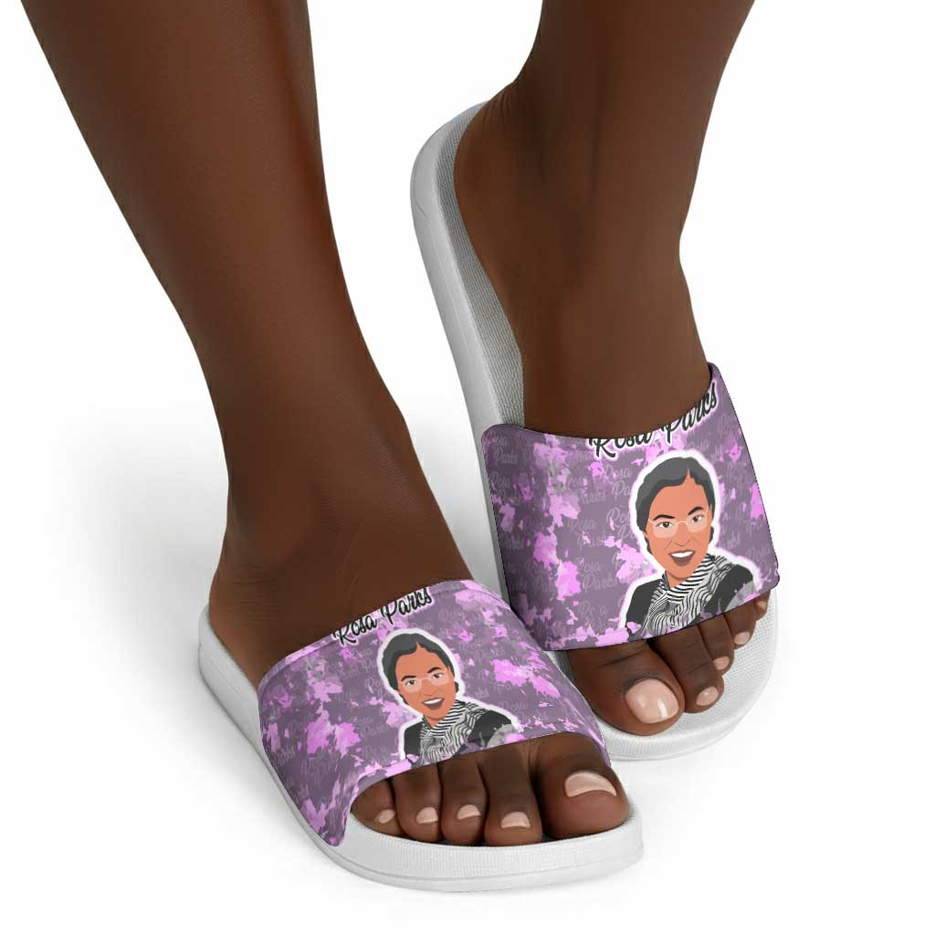 Rosa Parks Slide Sandals Purple Floral Pattern Civil Rights Tribute Bold Name Repeated Text Design - Wonder Print Shop