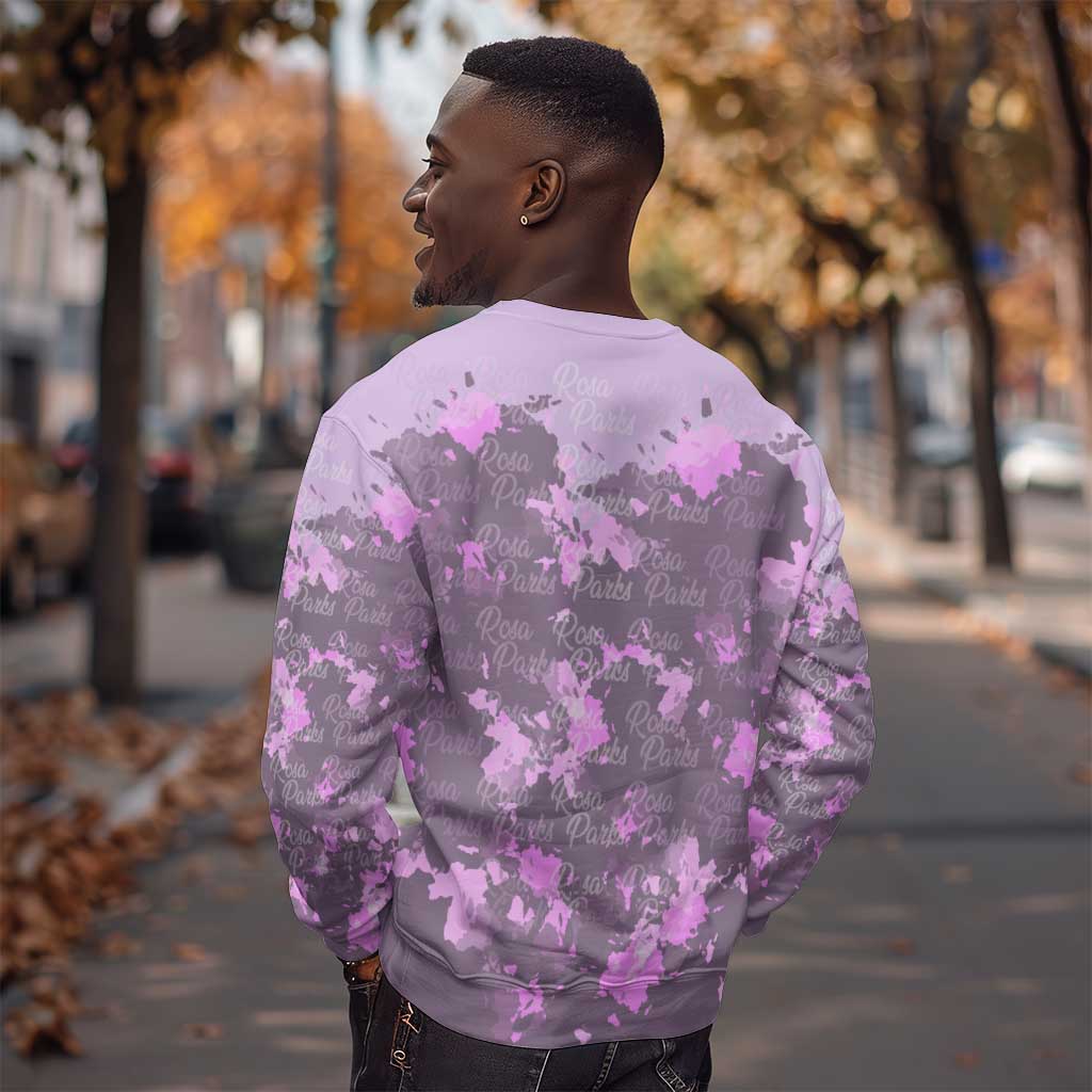 Rosa Parks Sweatshirt Purple Floral Pattern Civil Rights Tribute Bold Name Repeated Text Design - Wonder Print Shop