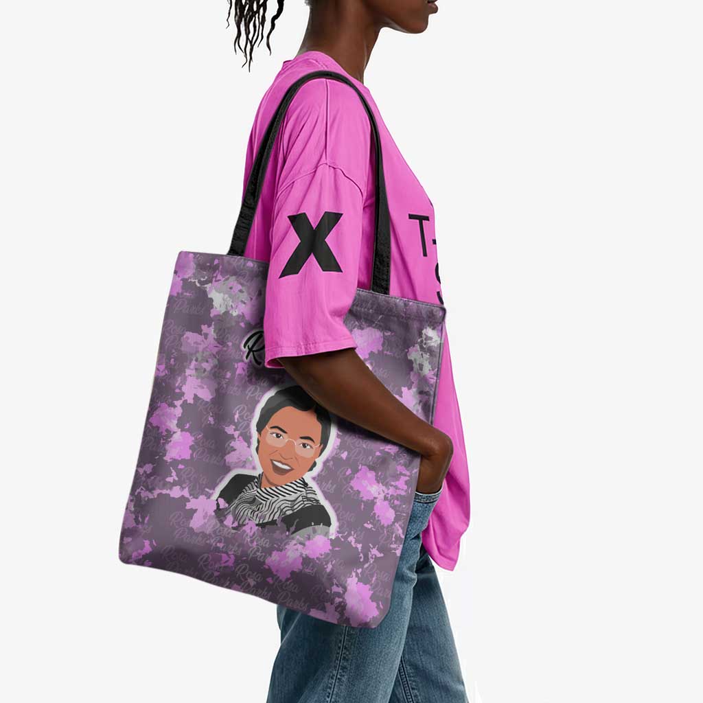 Rosa Parks Tote Bag Purple Floral Pattern Civil Rights Tribute Bold Name Repeated Text Design - Wonder Print Shop