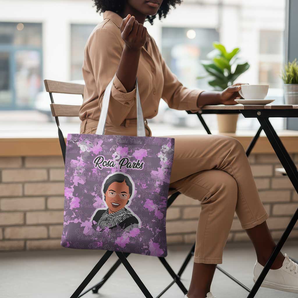 Rosa Parks Tote Bag Purple Floral Pattern Civil Rights Tribute Bold Name Repeated Text Design - Wonder Print Shop