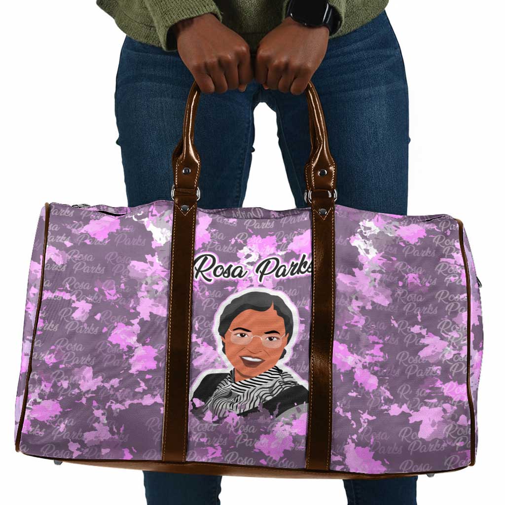 Rosa Parks Travel Bag Purple Floral Pattern Civil Rights Tribute Bold Name Repeated Text Design - Wonder Print Shop