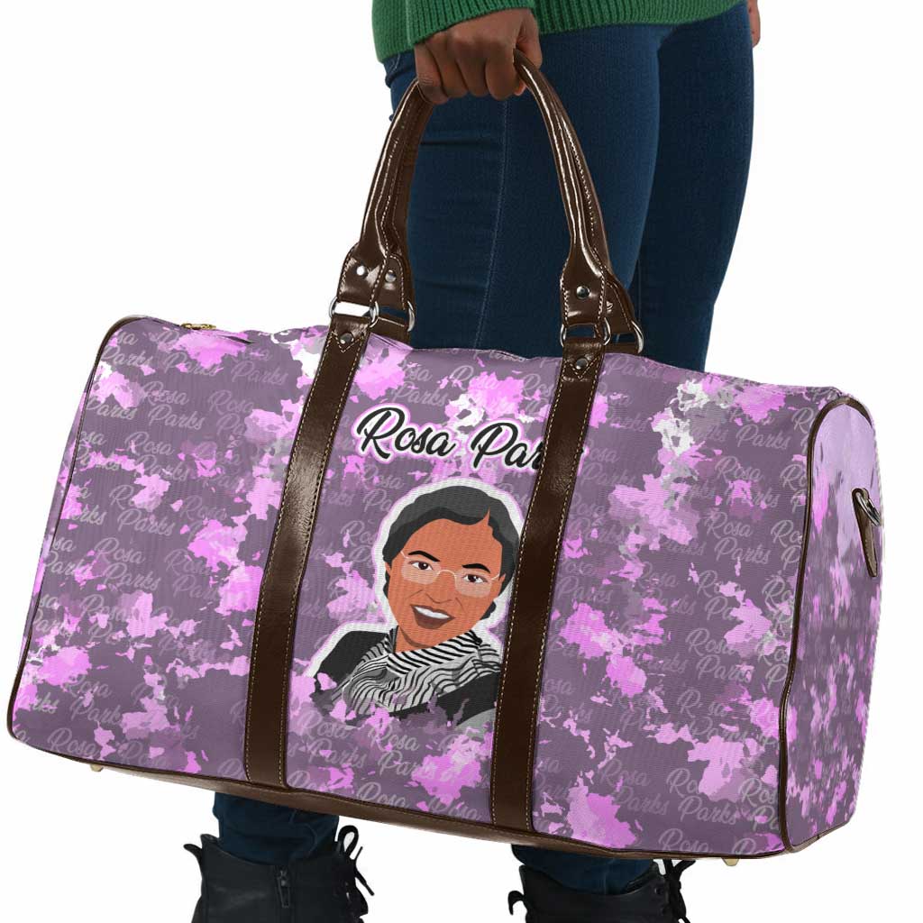 Rosa Parks Travel Bag Purple Floral Pattern Civil Rights Tribute Bold Name Repeated Text Design - Wonder Print Shop